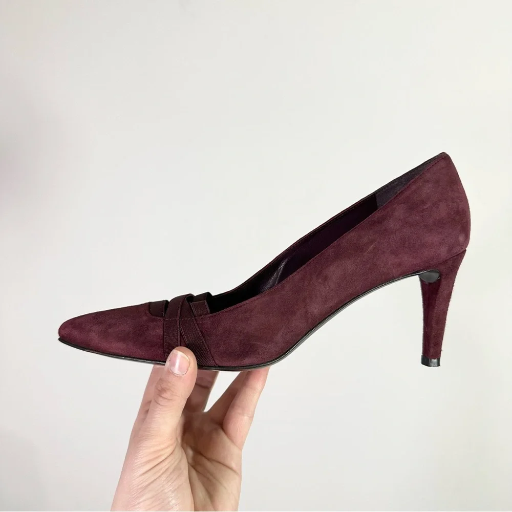 Stuart Weitzman Burgundy Pointed Toe Crossover Detail High Heeled Suede Pumps